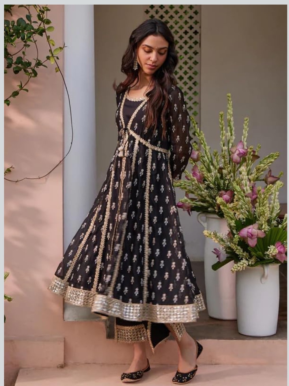 Black organza Embroidered Tie-Front dress. Comes with matching  pants. 3 pcs